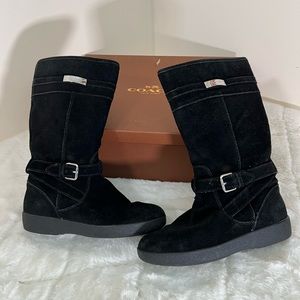Coach Tallulah Black Suede Shearling Boots Size 6 Winter Cozy Buckle Tall Boots